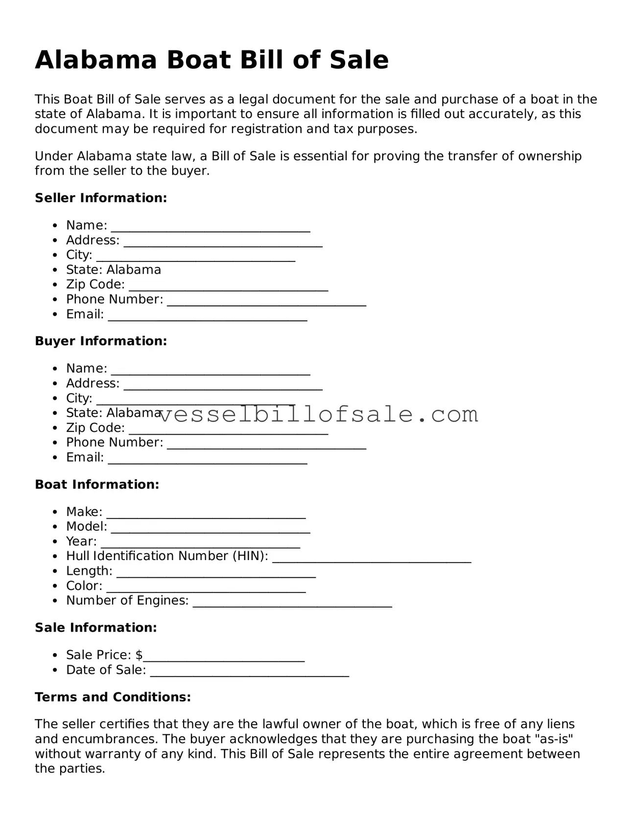 Legal Boat Bill of Sale Document for Alabama State