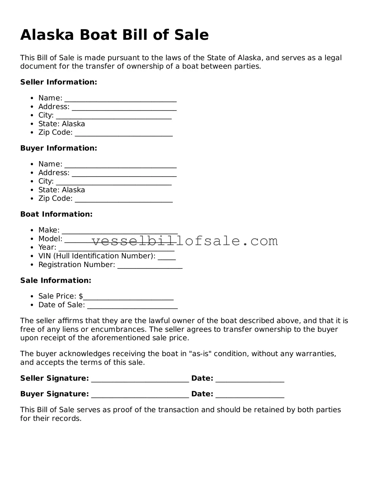 Legal Boat Bill of Sale Document for Alaska State
