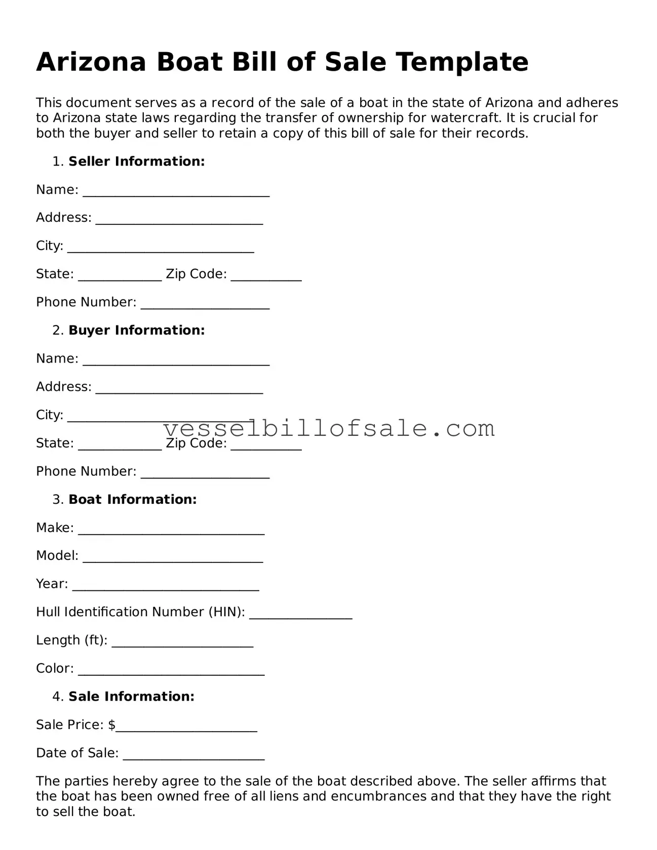 Legal Boat Bill of Sale Document for Arizona State