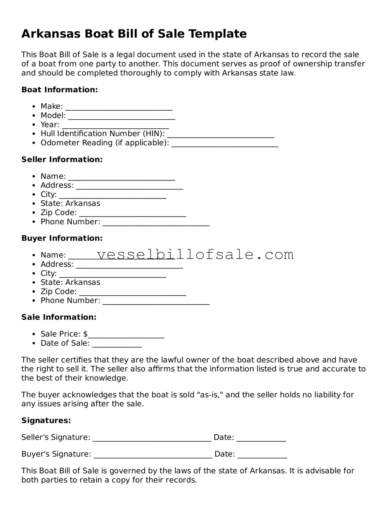 Legal Boat Bill of Sale Document for Arkansas State