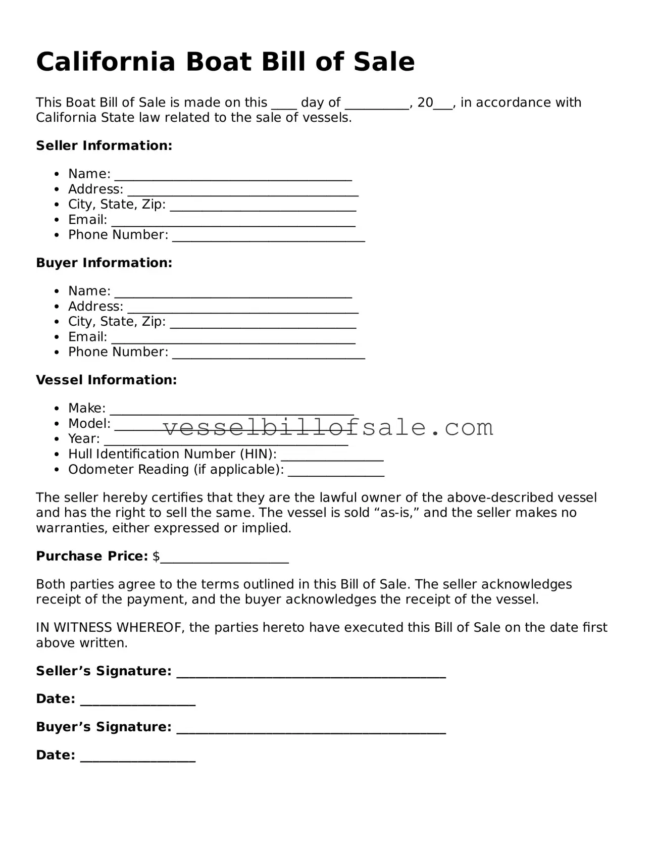 Legal Boat Bill of Sale Document for California State