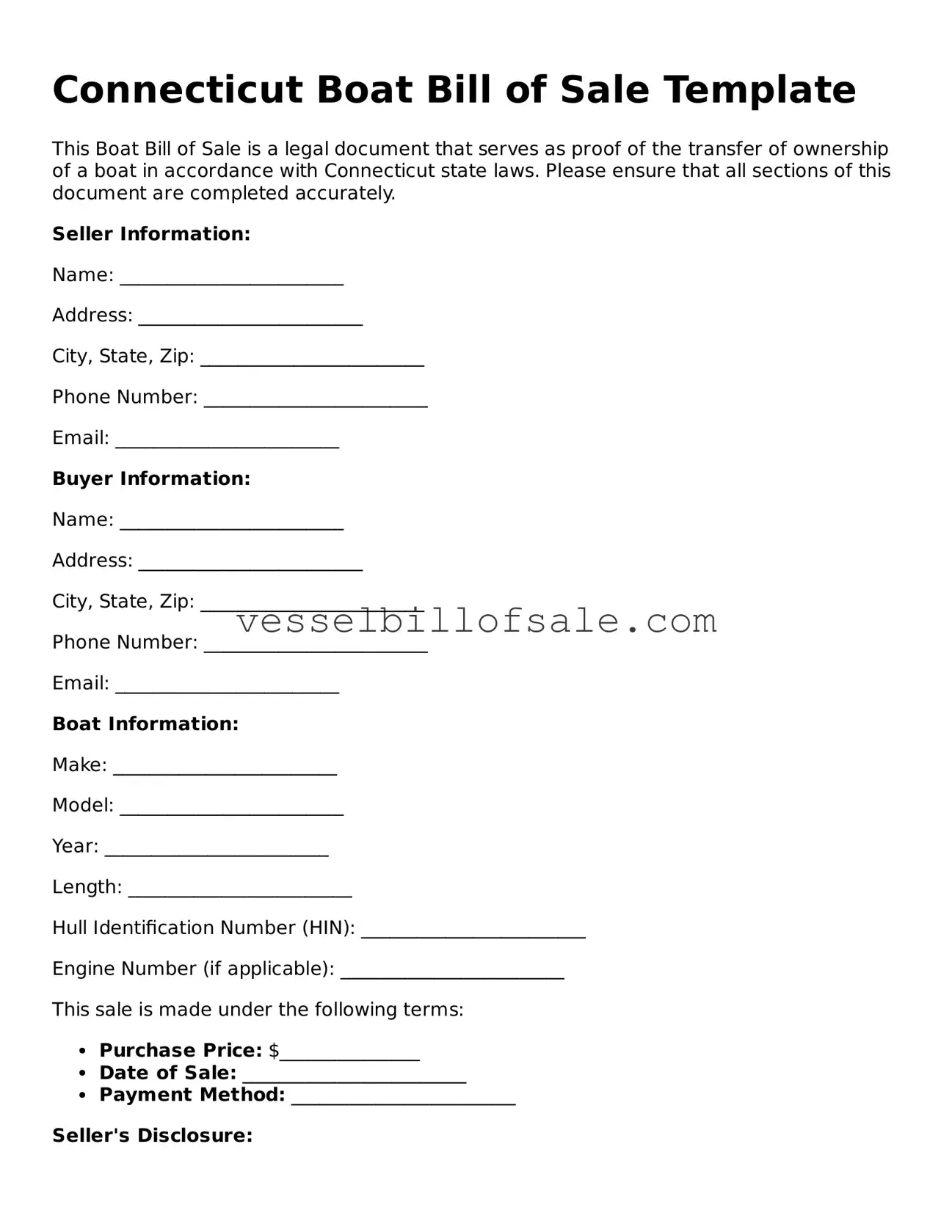 Legal Boat Bill of Sale Document for Connecticut State