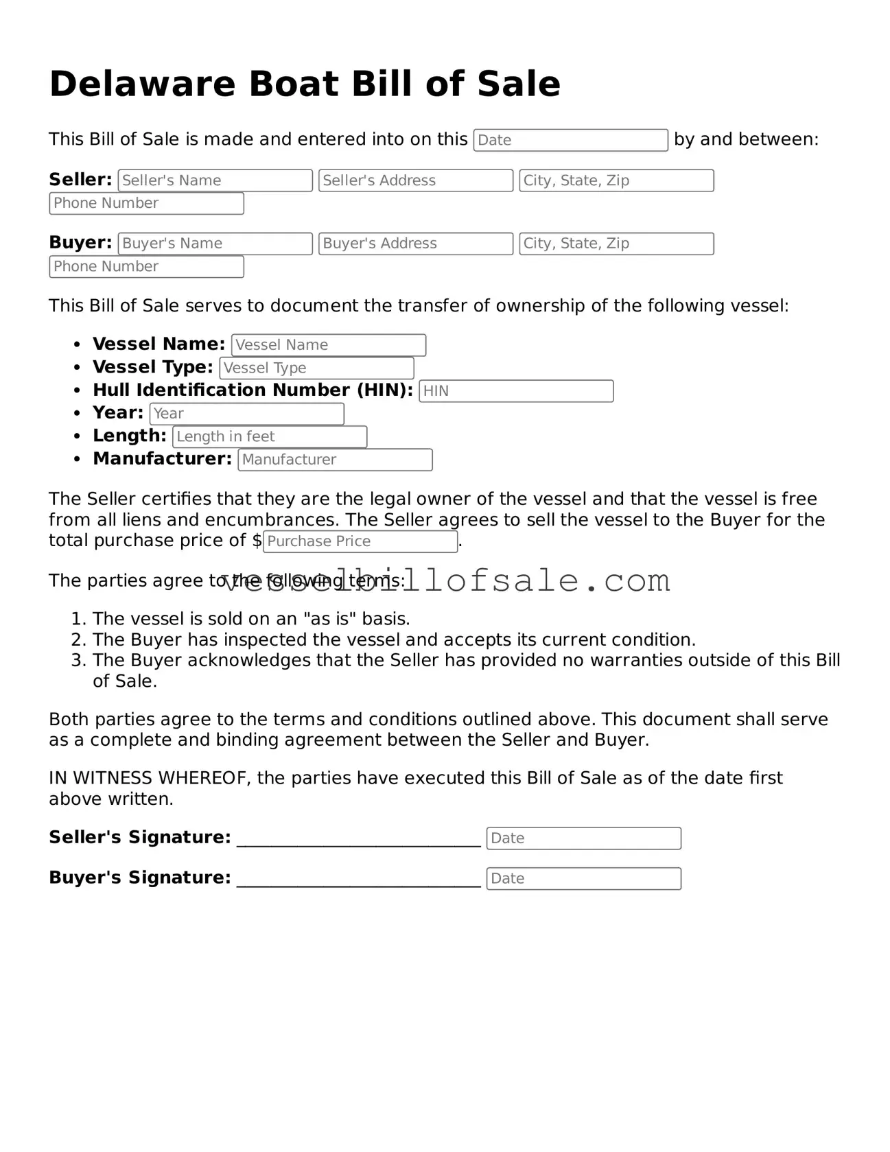 Legal Boat Bill of Sale Document for Delaware State