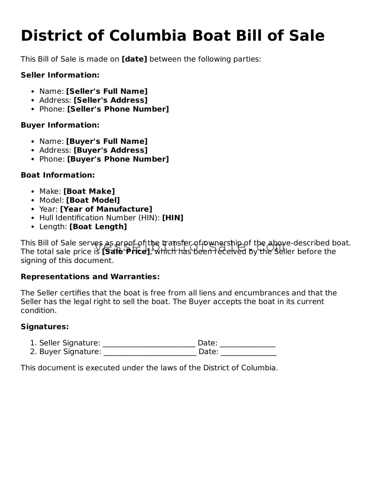 Legal Boat Bill of Sale Document for District of Columbia State