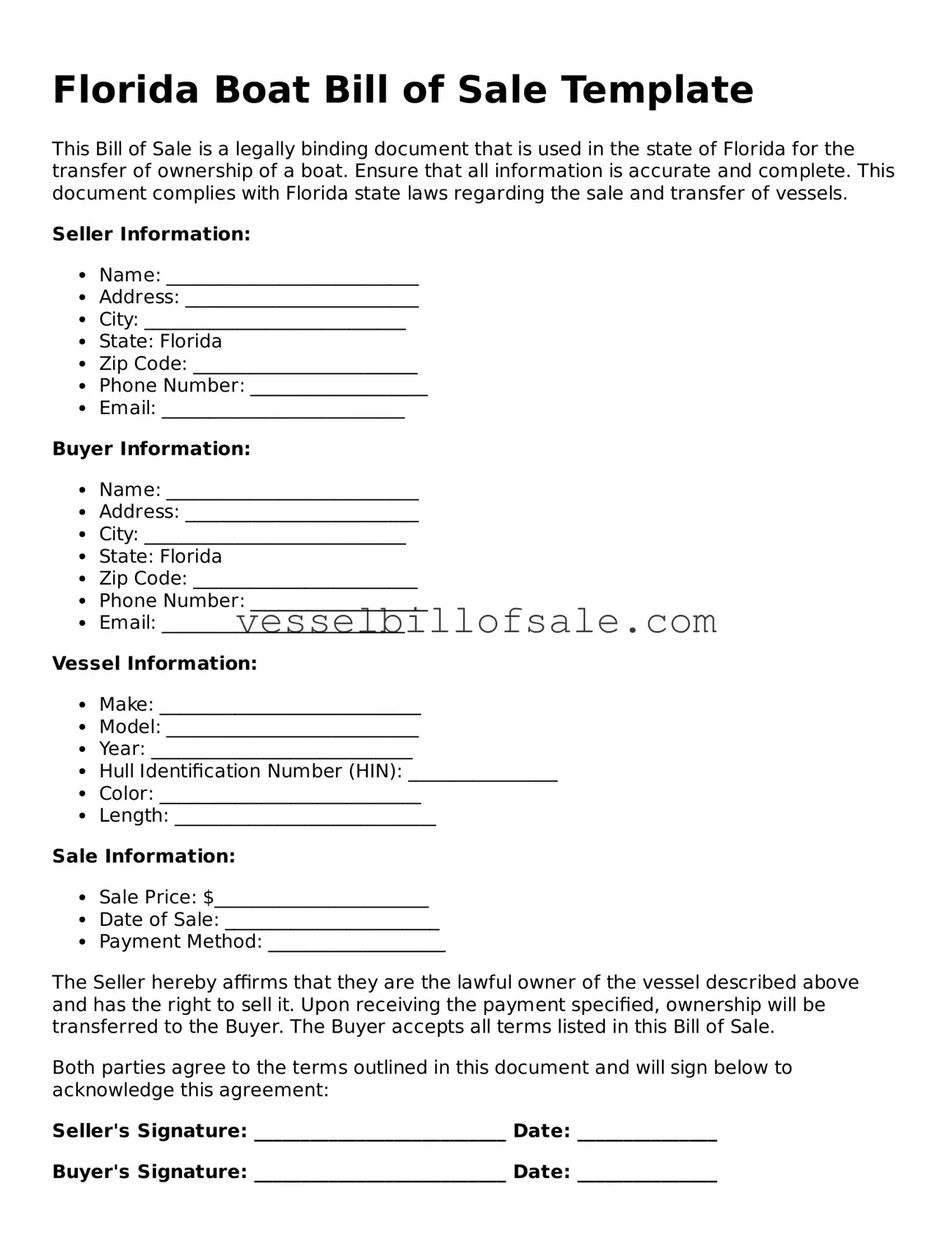 Legal Boat Bill of Sale Document for Florida State