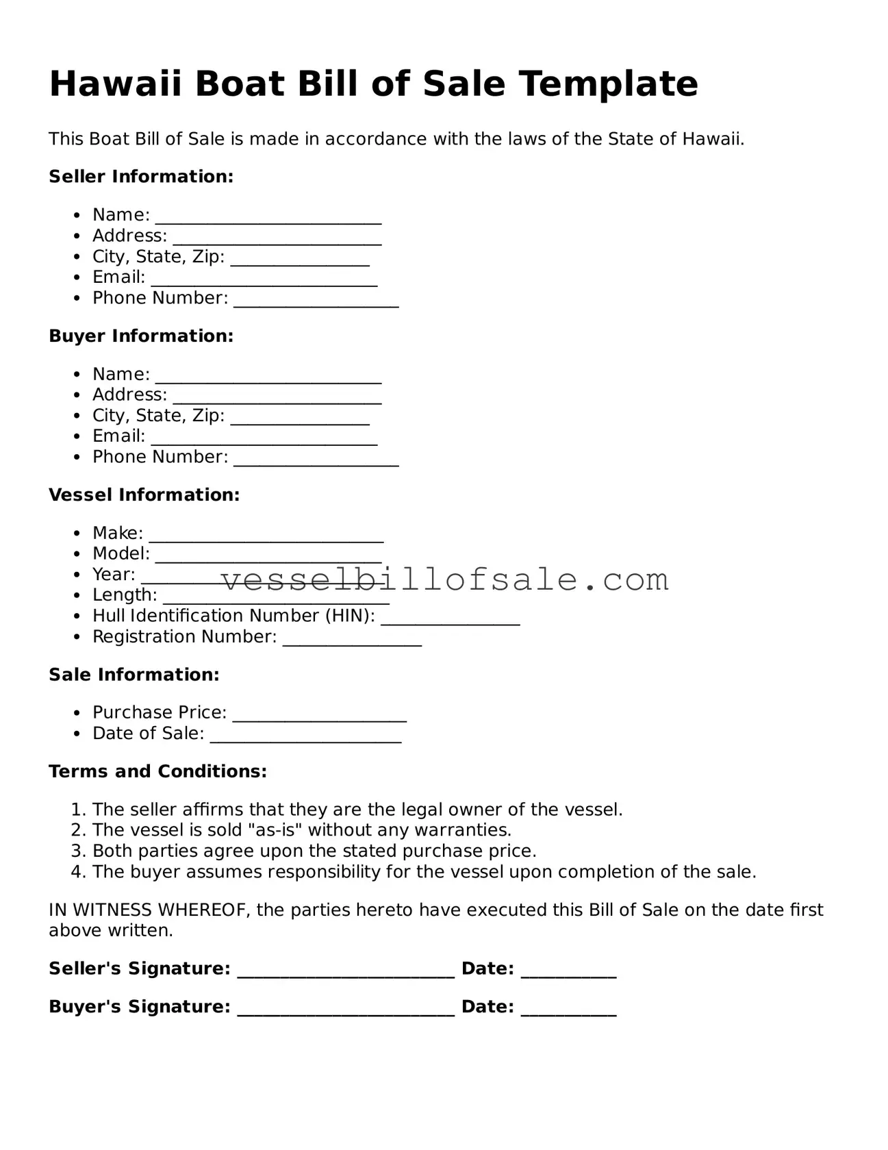 Legal Boat Bill of Sale Document for Hawaii State