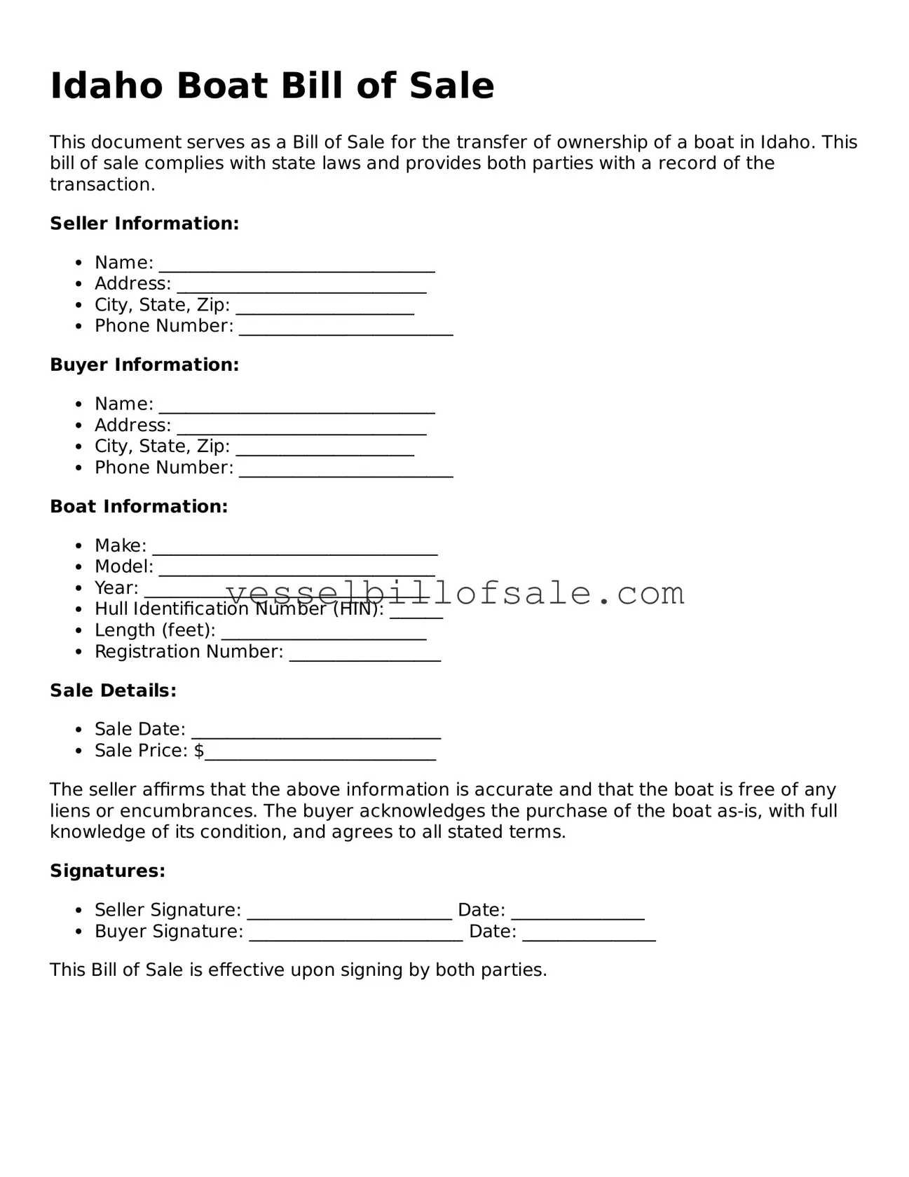 Legal Boat Bill of Sale Document for Idaho State