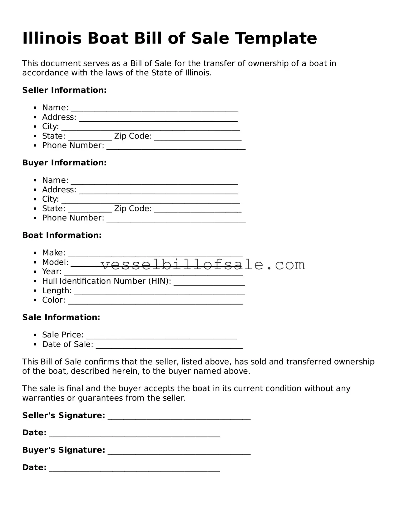 Legal Boat Bill of Sale Document for Illinois State