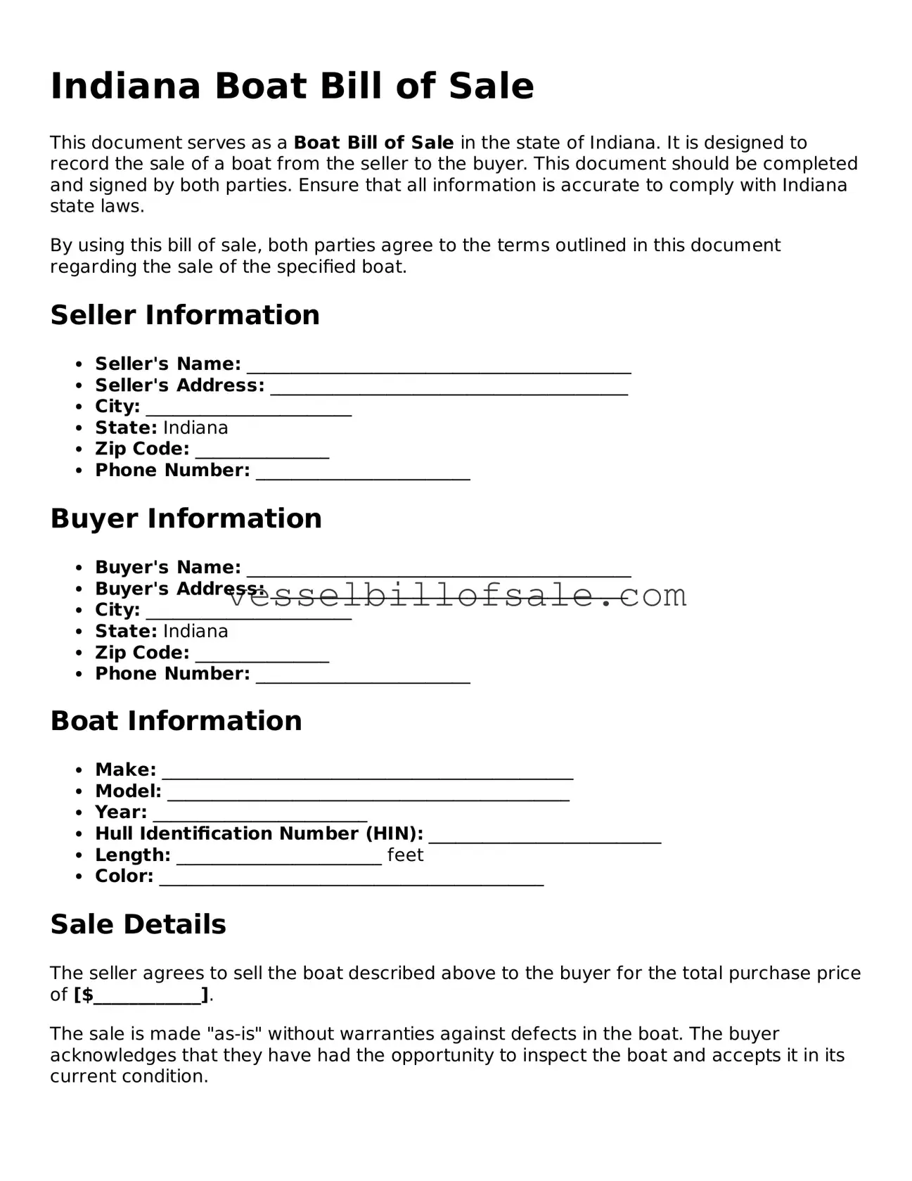 Legal Boat Bill of Sale Document for Indiana State