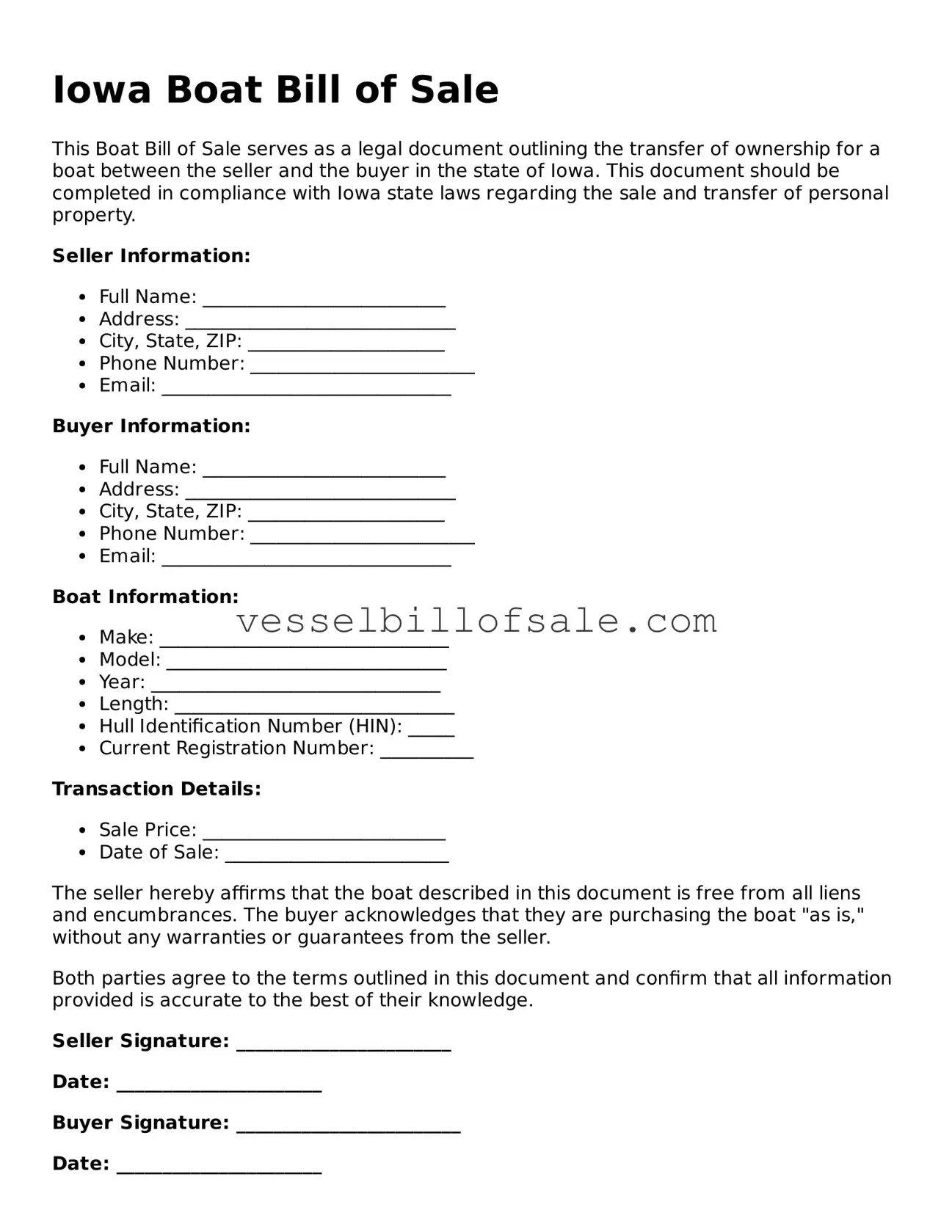 Legal Boat Bill of Sale Document for Iowa State