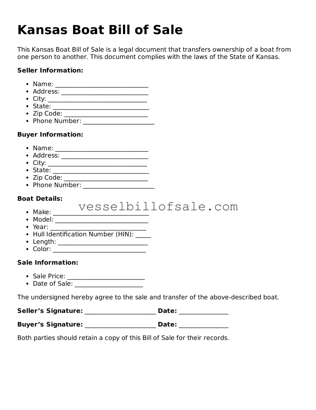 Legal Boat Bill of Sale Document for Kansas State