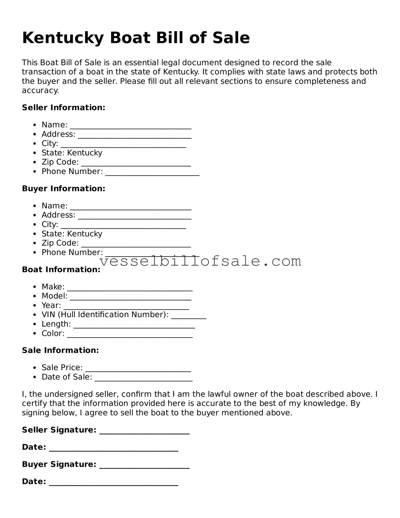 Legal Boat Bill of Sale Document for Kentucky State