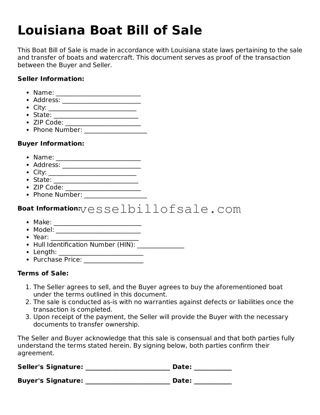Legal Boat Bill of Sale Document for Louisiana State