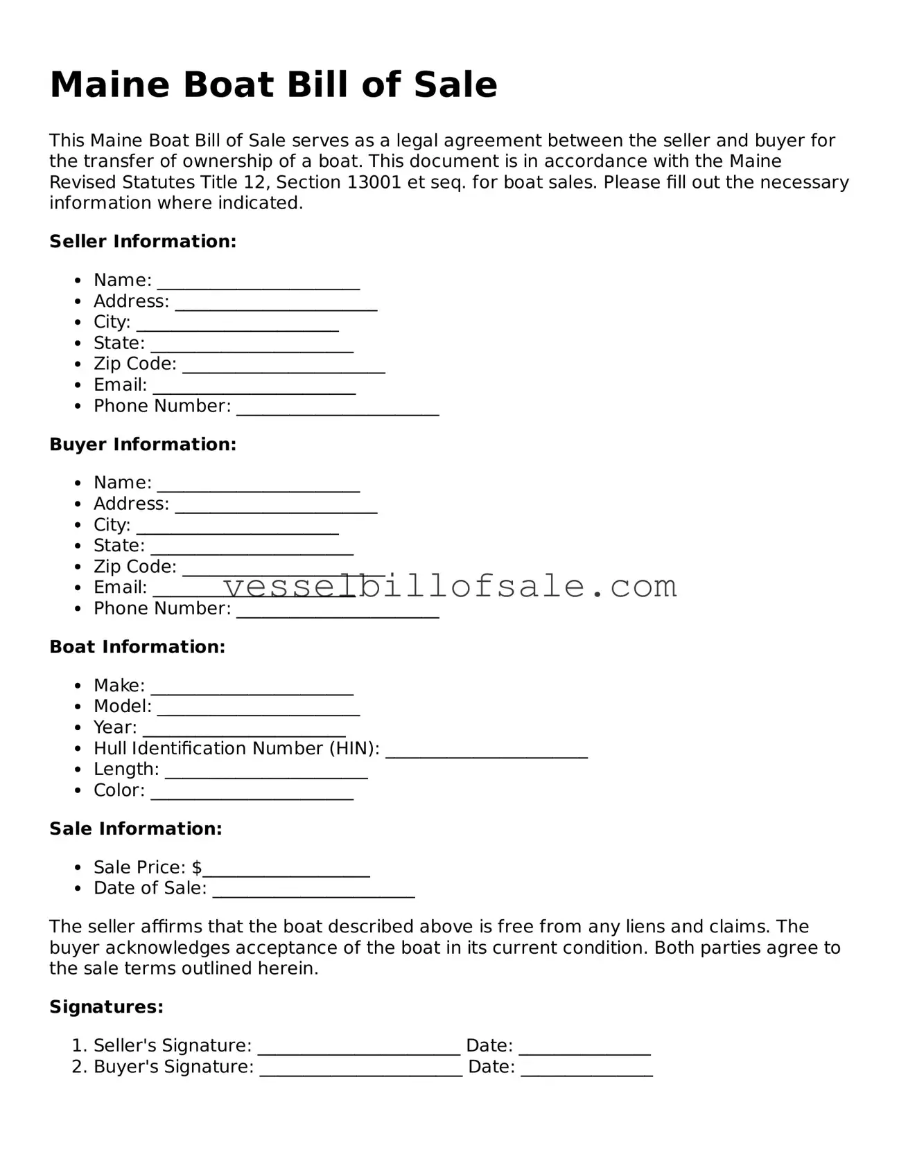 Legal Boat Bill of Sale Document for Maine State