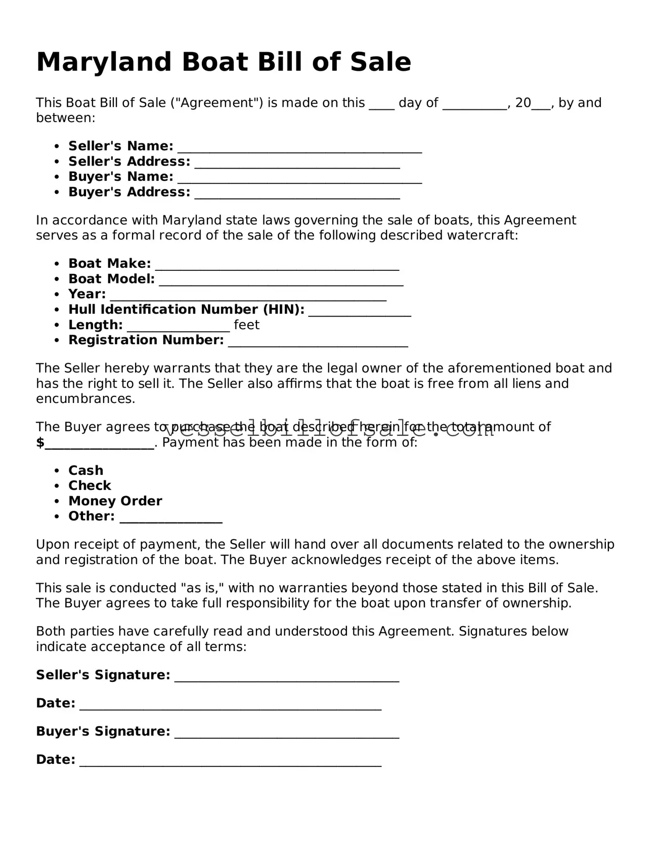 Legal Boat Bill of Sale Document for Maryland State