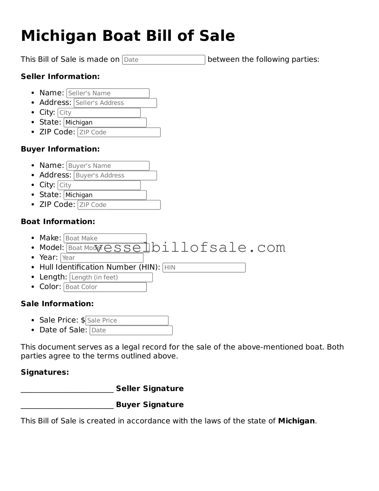 Legal Boat Bill of Sale Document for Michigan State