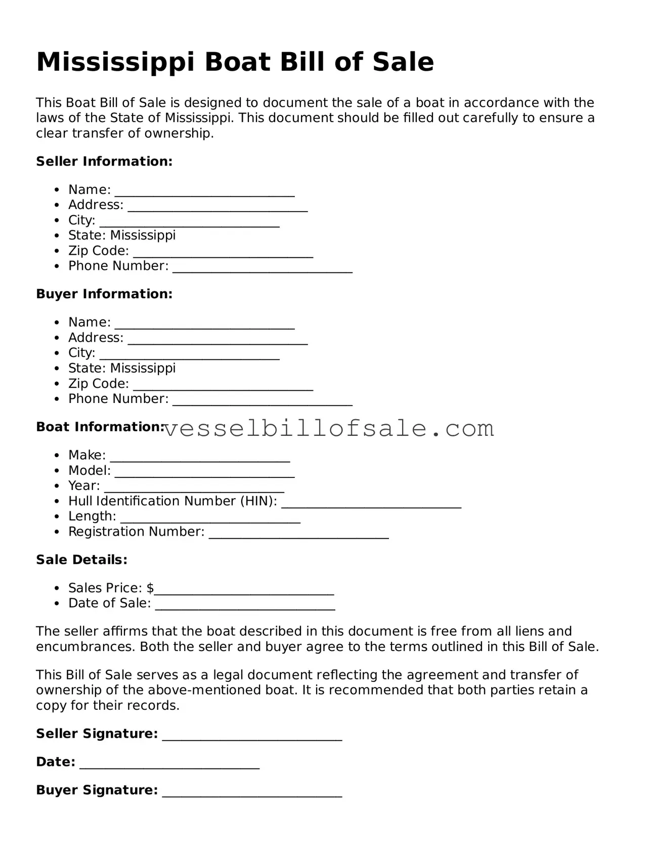 Legal Boat Bill of Sale Document for Mississippi State