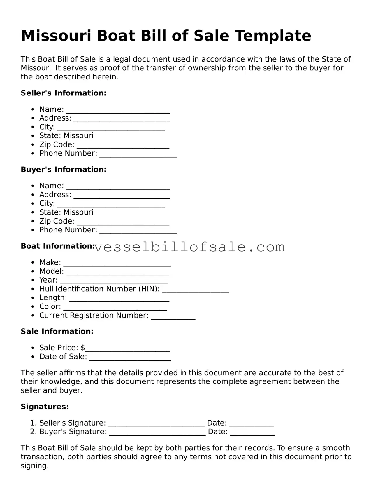 Legal Boat Bill of Sale Document for Missouri State
