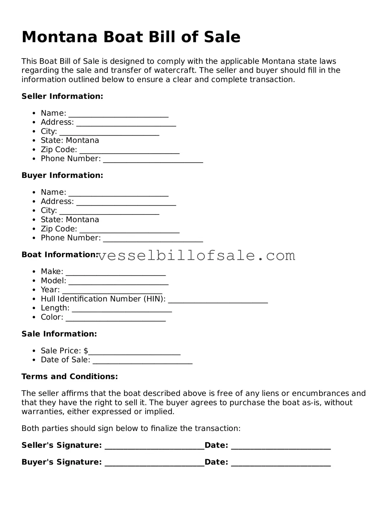 Legal Boat Bill of Sale Document for Montana State