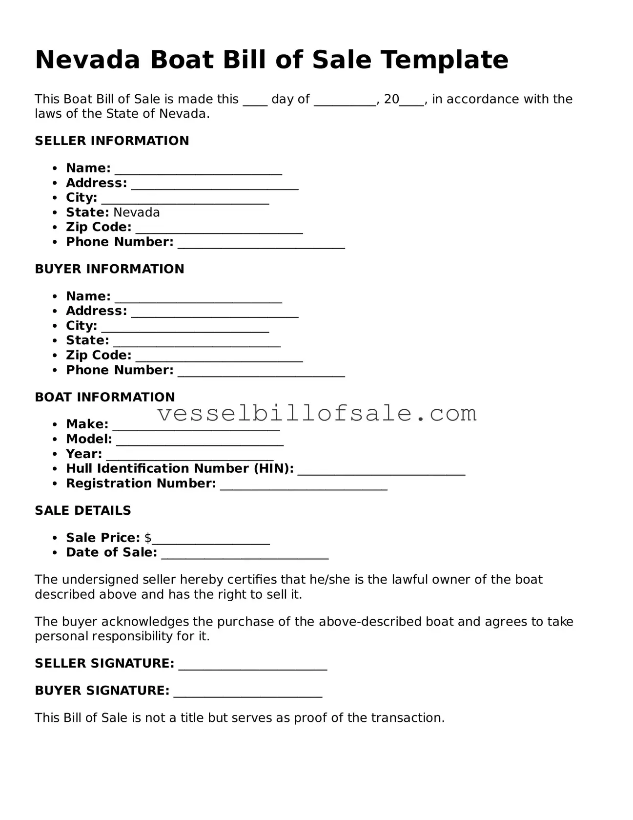 Legal Boat Bill of Sale Document for Nevada State