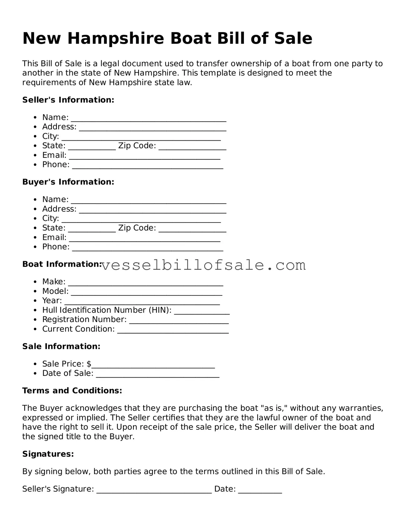 Legal Boat Bill of Sale Document for New Hampshire State