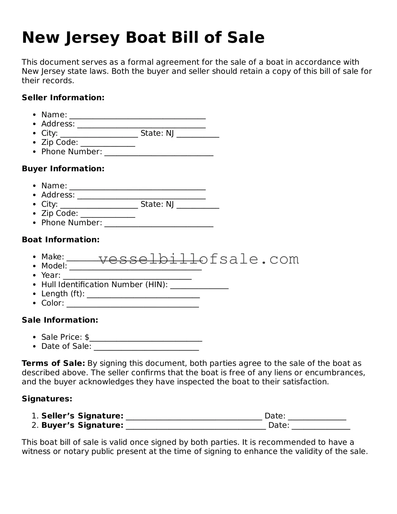 Legal Boat Bill of Sale Document for New Jersey State
