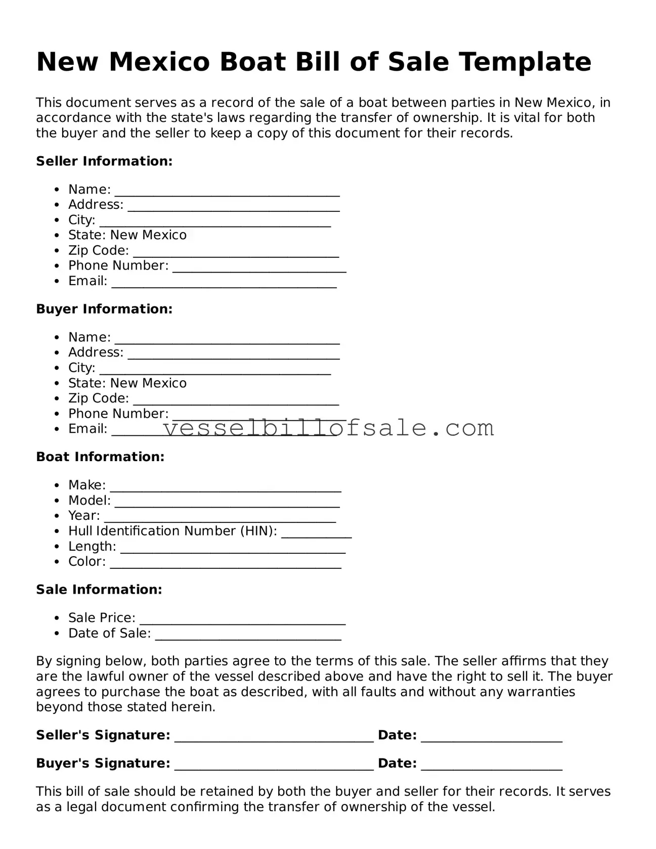 Legal Boat Bill of Sale Document for New Mexico State