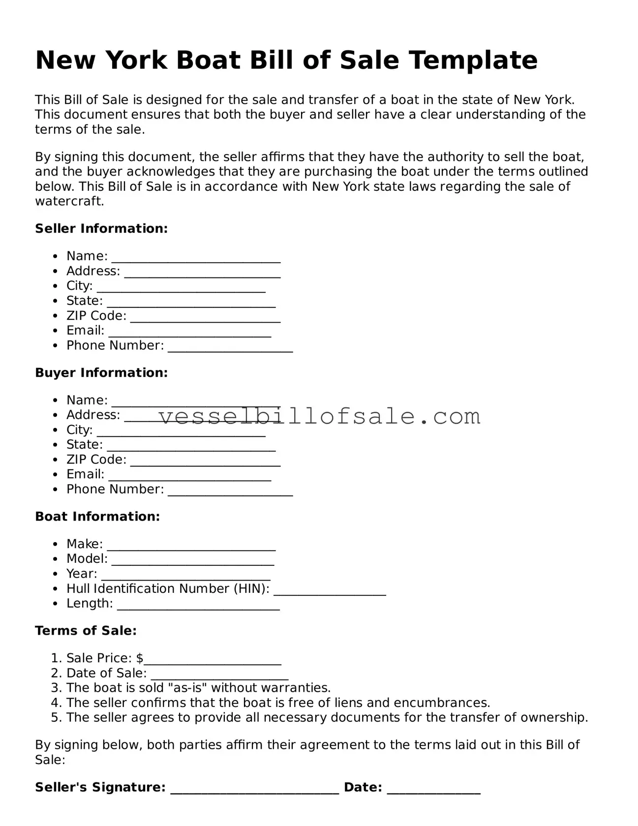 Legal Boat Bill of Sale Document for New York State