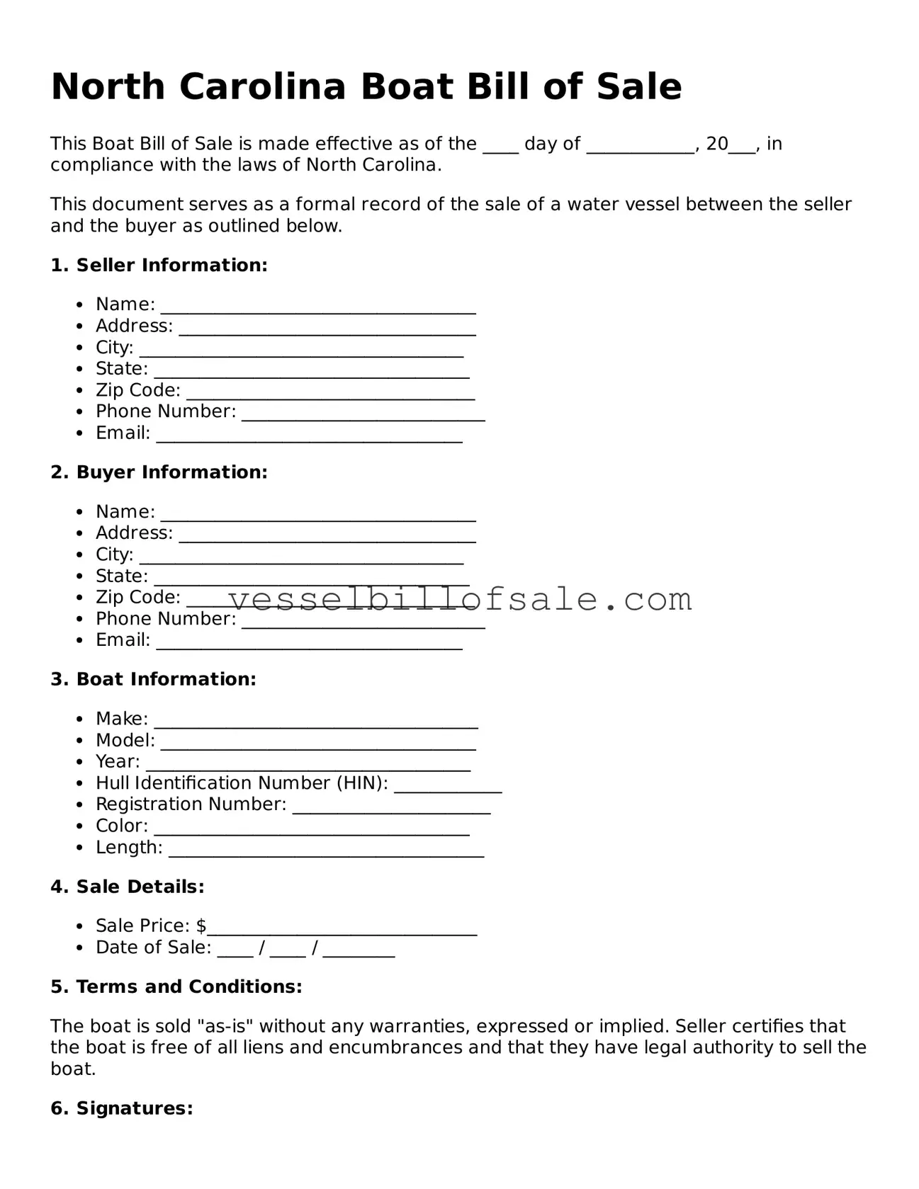 Legal Boat Bill of Sale Document for North Carolina State
