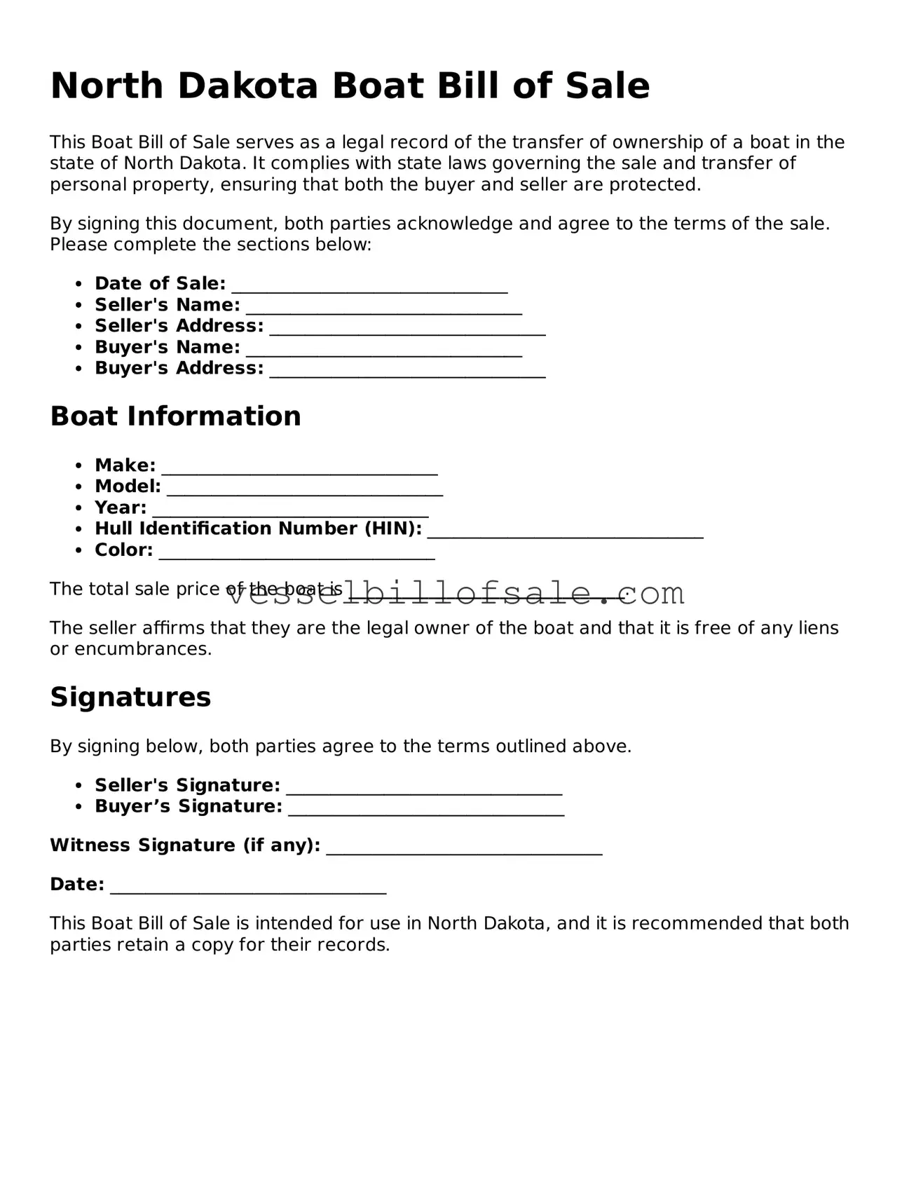 Legal Boat Bill of Sale Document for North Dakota State