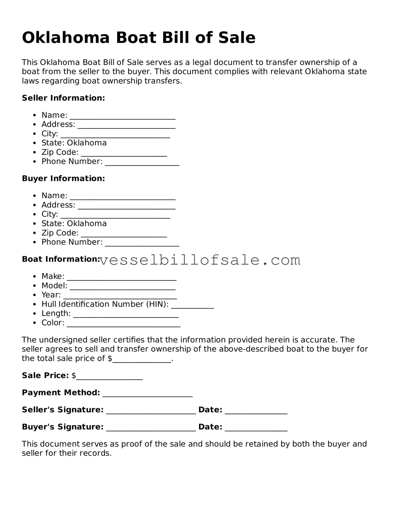 Legal Boat Bill of Sale Document for Oklahoma State