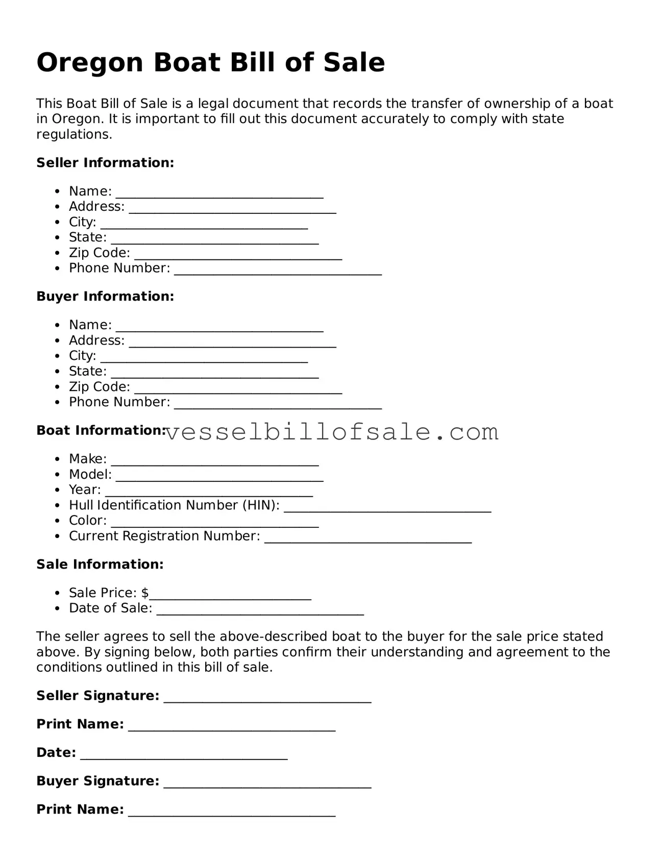 Legal Boat Bill of Sale Document for Oregon State