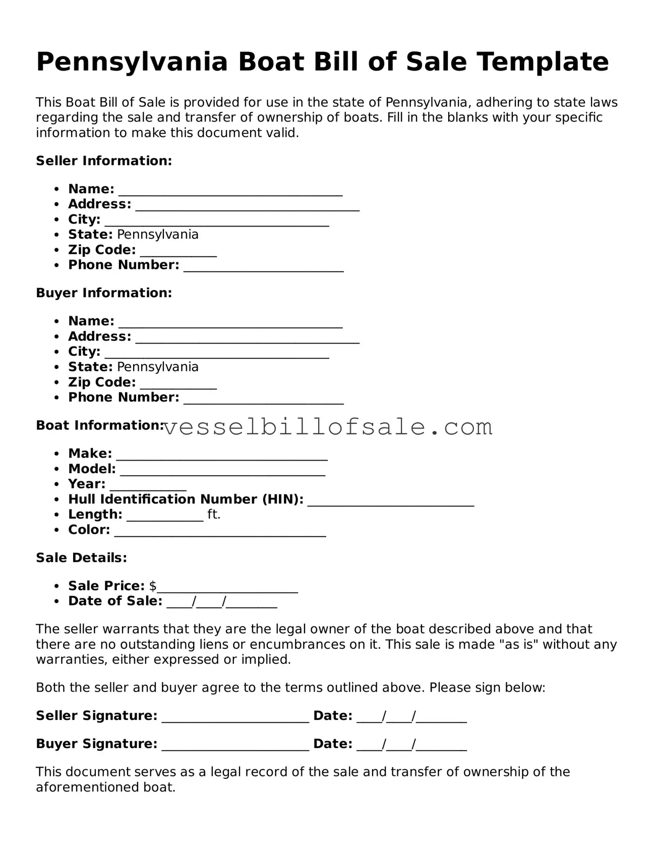 Legal Boat Bill of Sale Document for Pennsylvania State