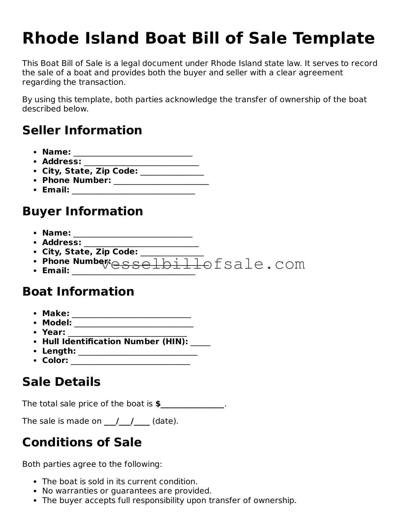 Legal Boat Bill of Sale Document for Rhode Island State