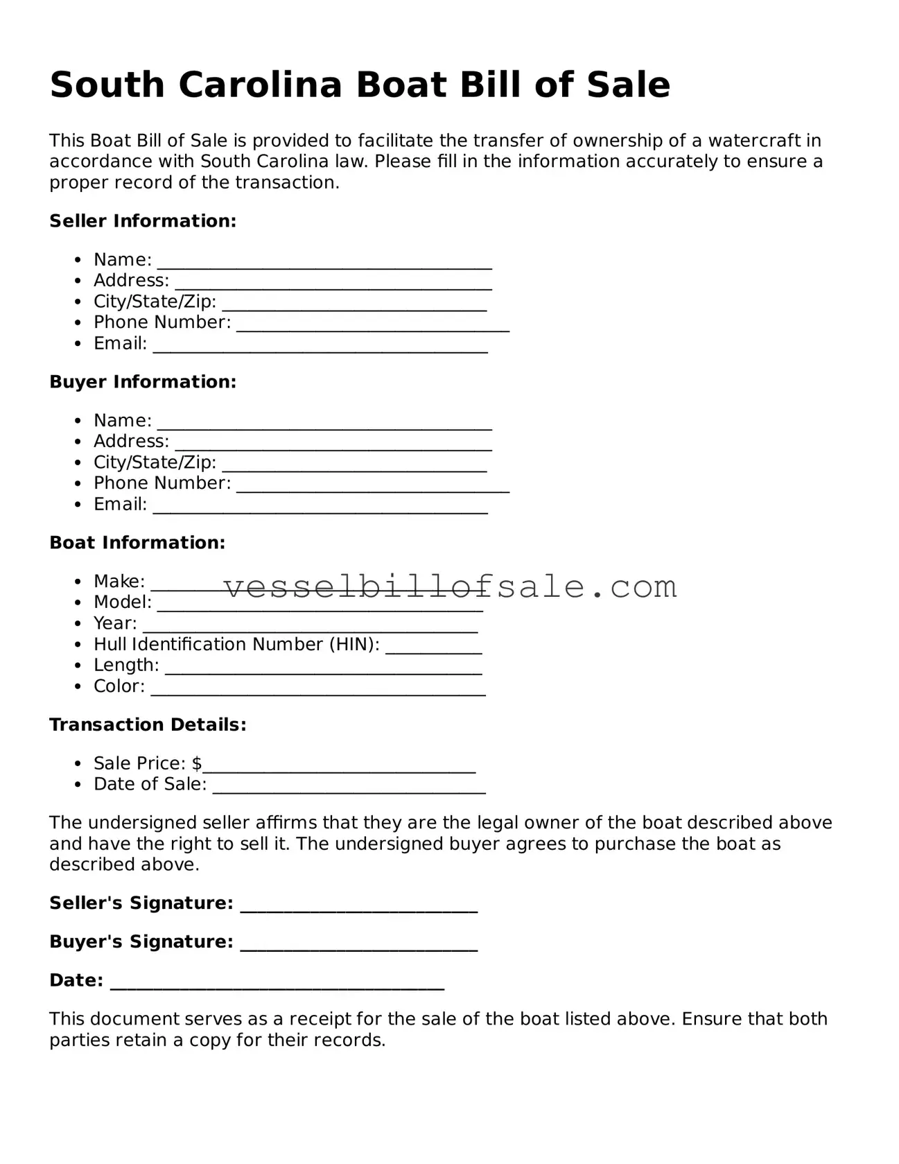 Legal Boat Bill of Sale Document for South Carolina State