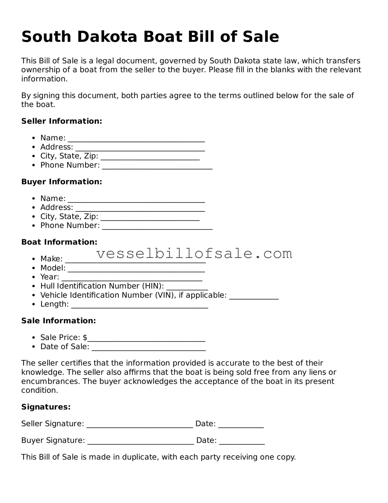 Legal Boat Bill of Sale Document for South Dakota State