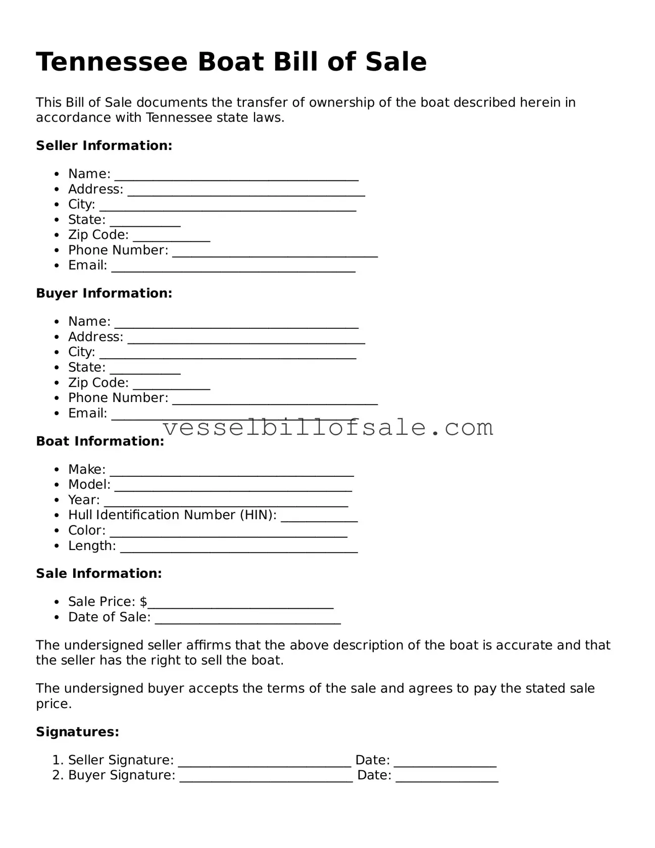 Legal Boat Bill of Sale Document for Tennessee State