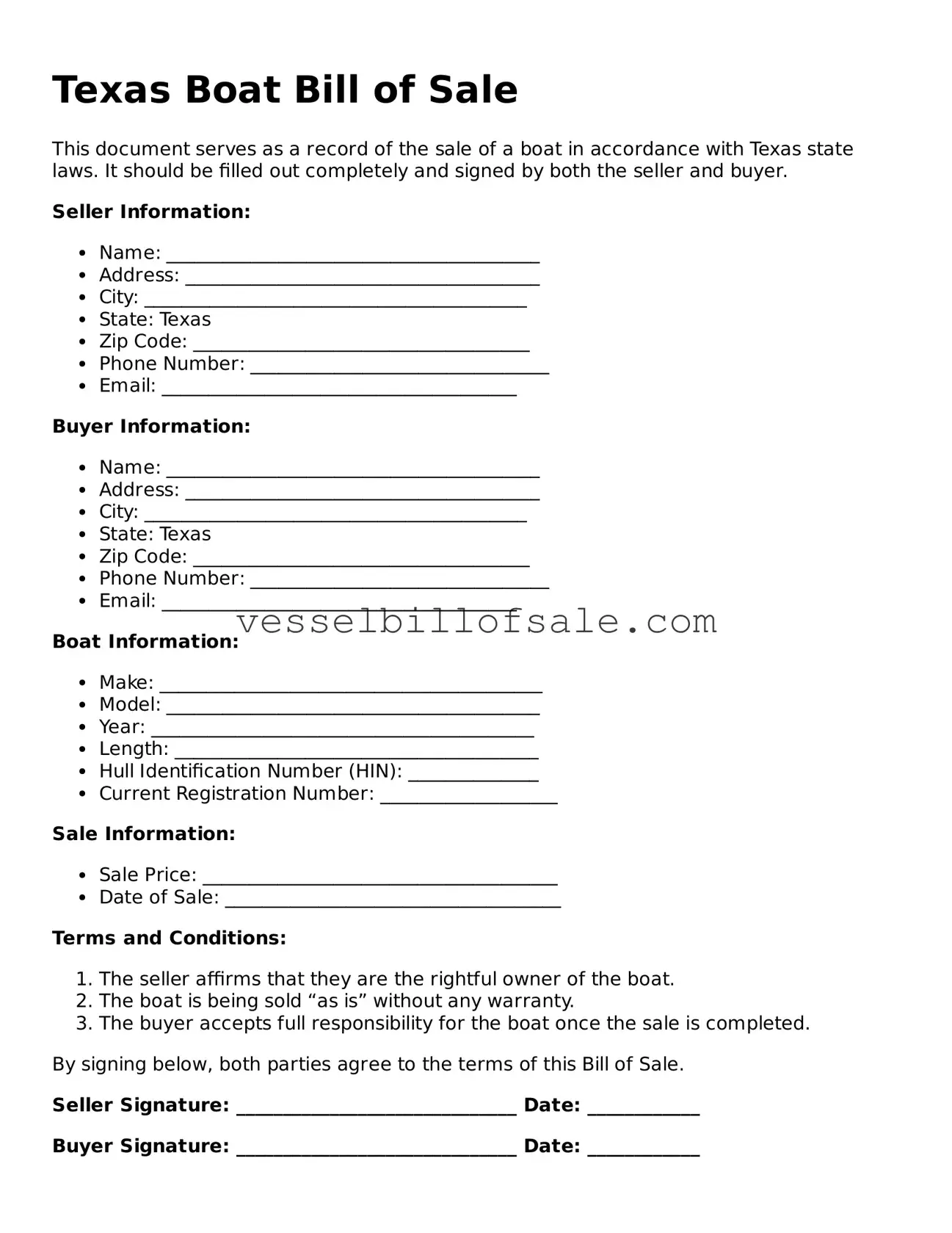 Legal Boat Bill of Sale Document for Texas State