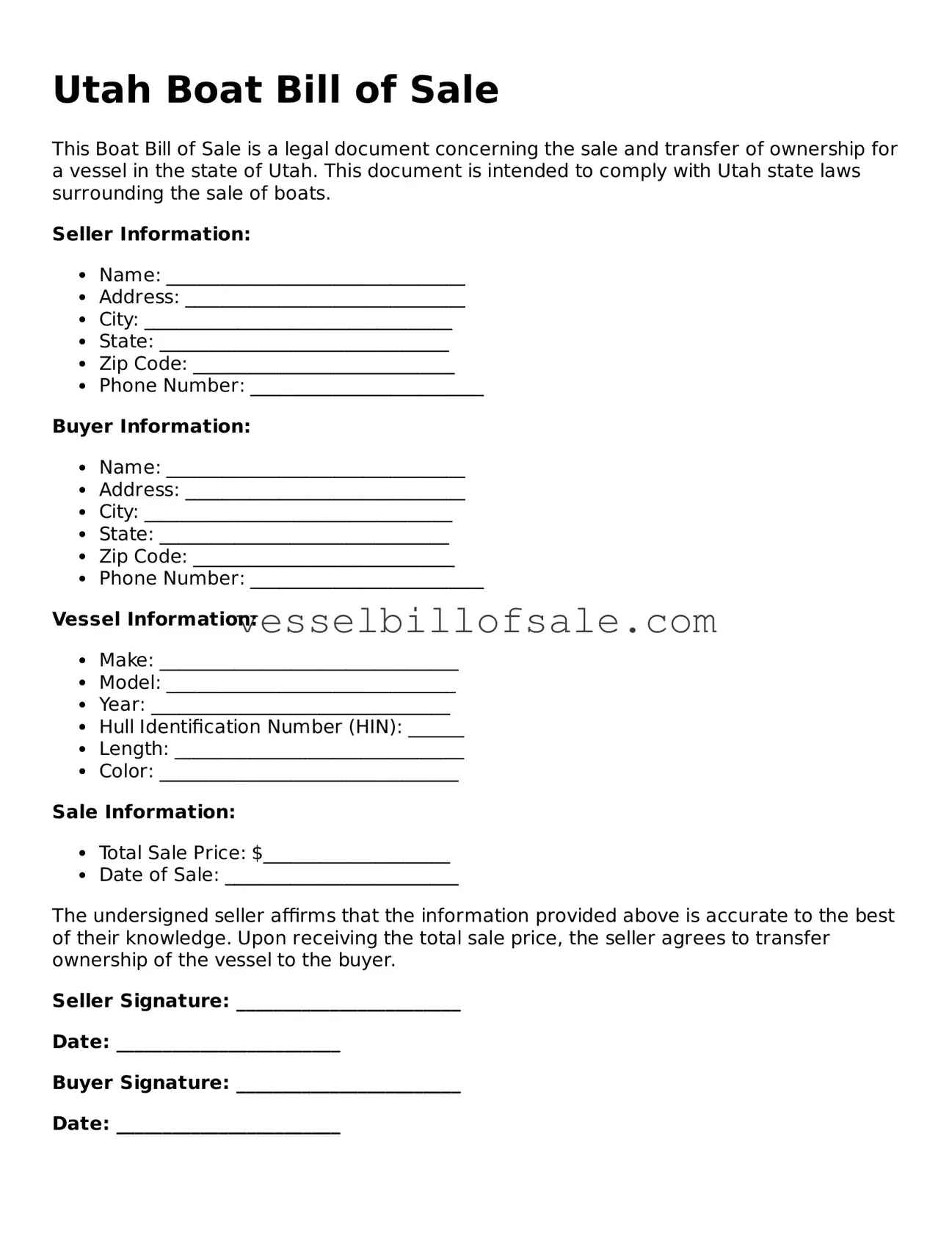 Legal Boat Bill of Sale Document for Utah State