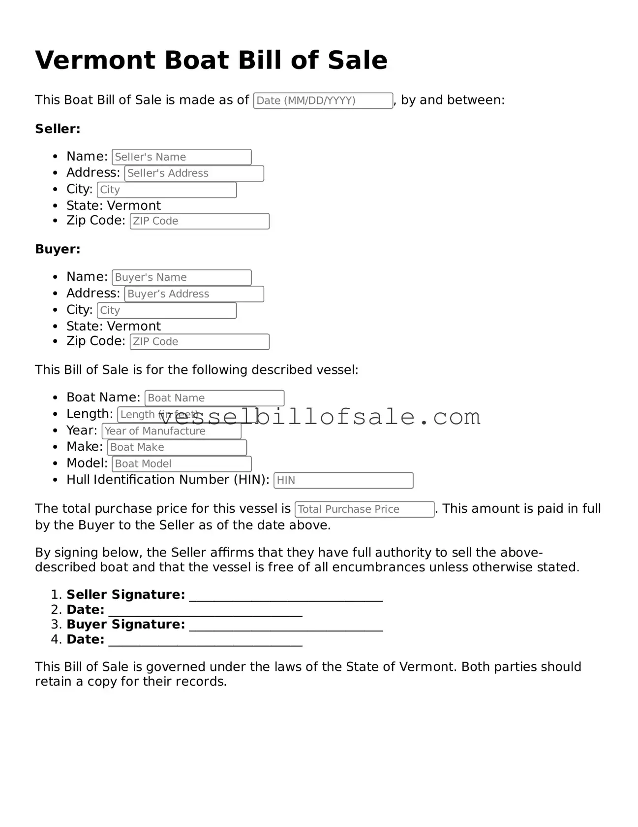 Legal Boat Bill of Sale Document for Vermont State
