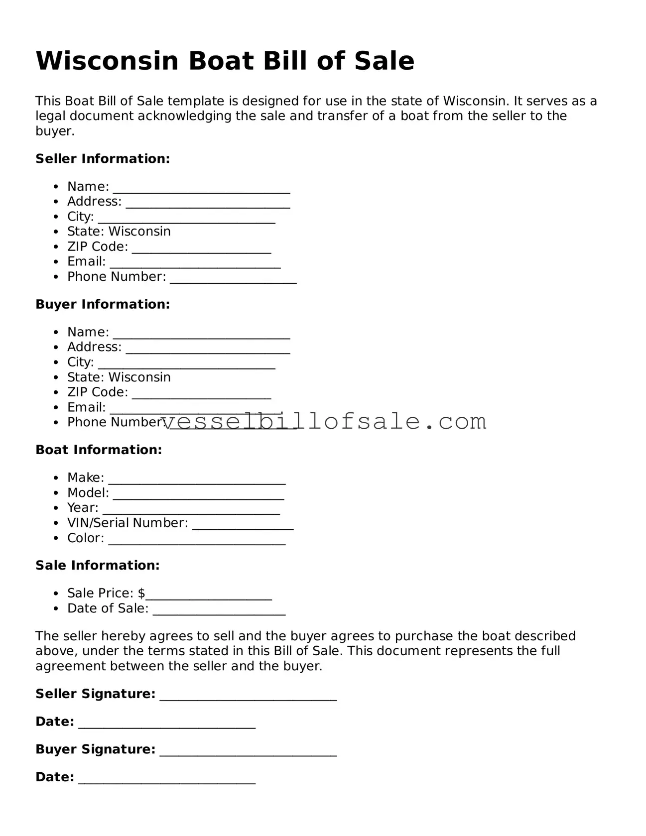 Legal Boat Bill of Sale Document for Wisconsin State